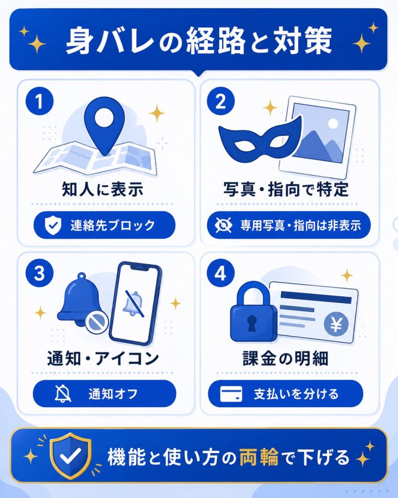 身バレが起きる経路と対策をまとめた図