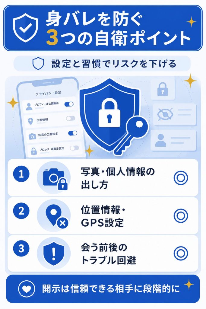 身バレを防ぐ3つの自衛ポイントを示す図