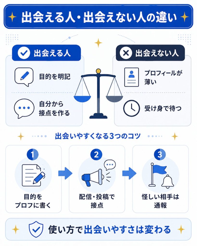 Bluedで出会える人と出会えない人の違いを示した図